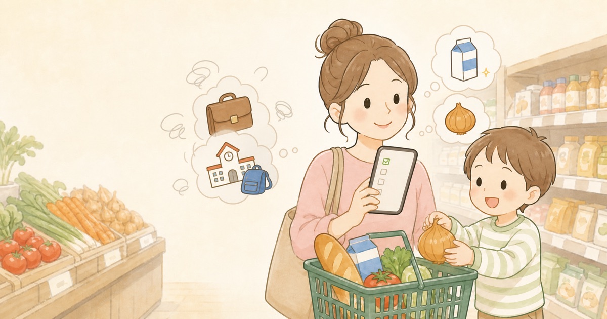買い物中にスマホのリストを見る親と、玉ねぎをカゴへ入れる子どものイラスト