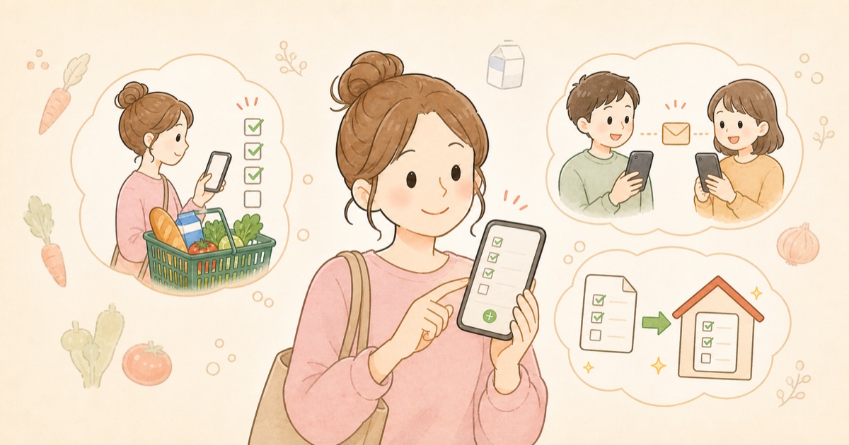 スマホの買い物リストを操作し、買い物・共有・うちタスク連携の3つの使い方を確認する女性のイラスト